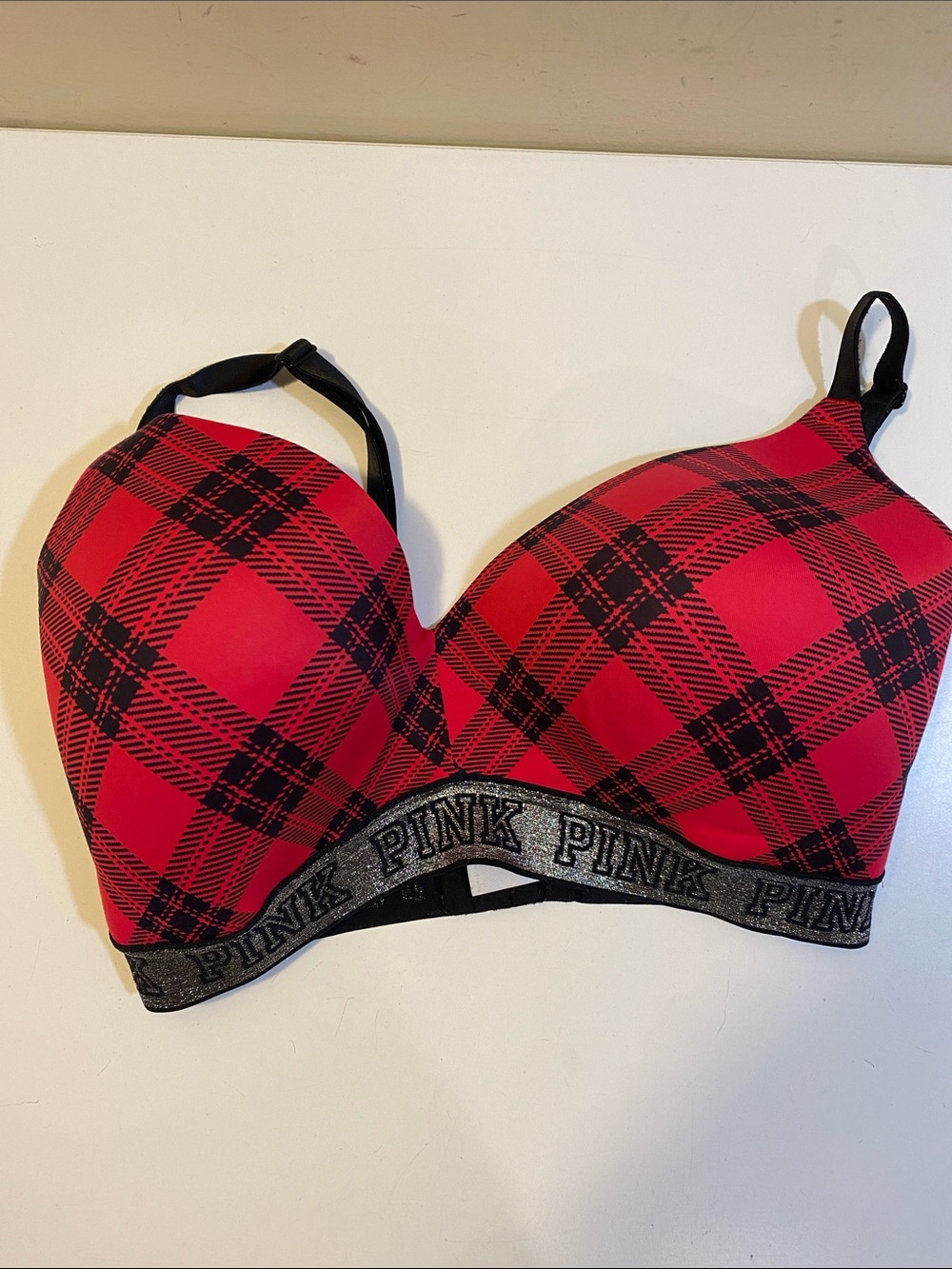 PINK Victoria's Secret Red and Black Plaid T-Shirt Bra with Logo Band 36DDD